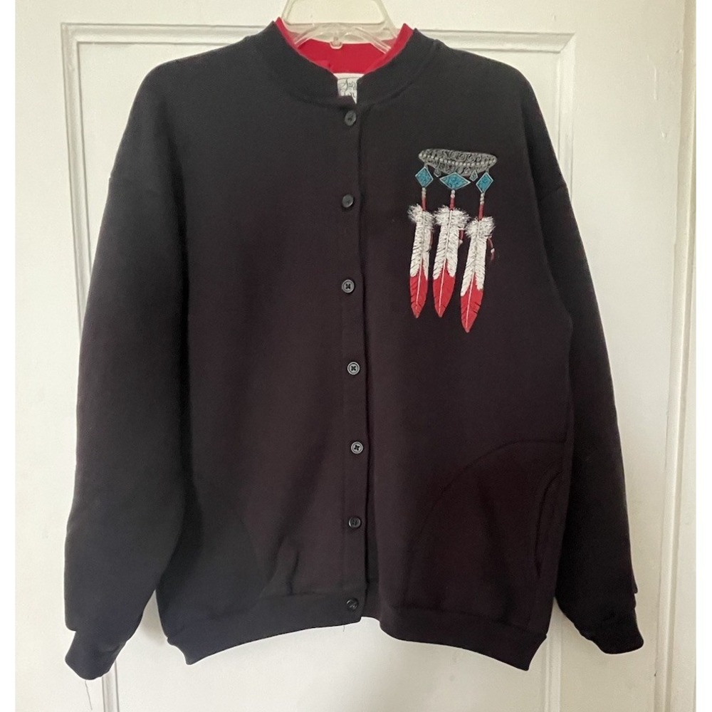 Vtg Artisans Cardigan Women Sz L Black Southwestern Feathers USA Sweatshirt 90